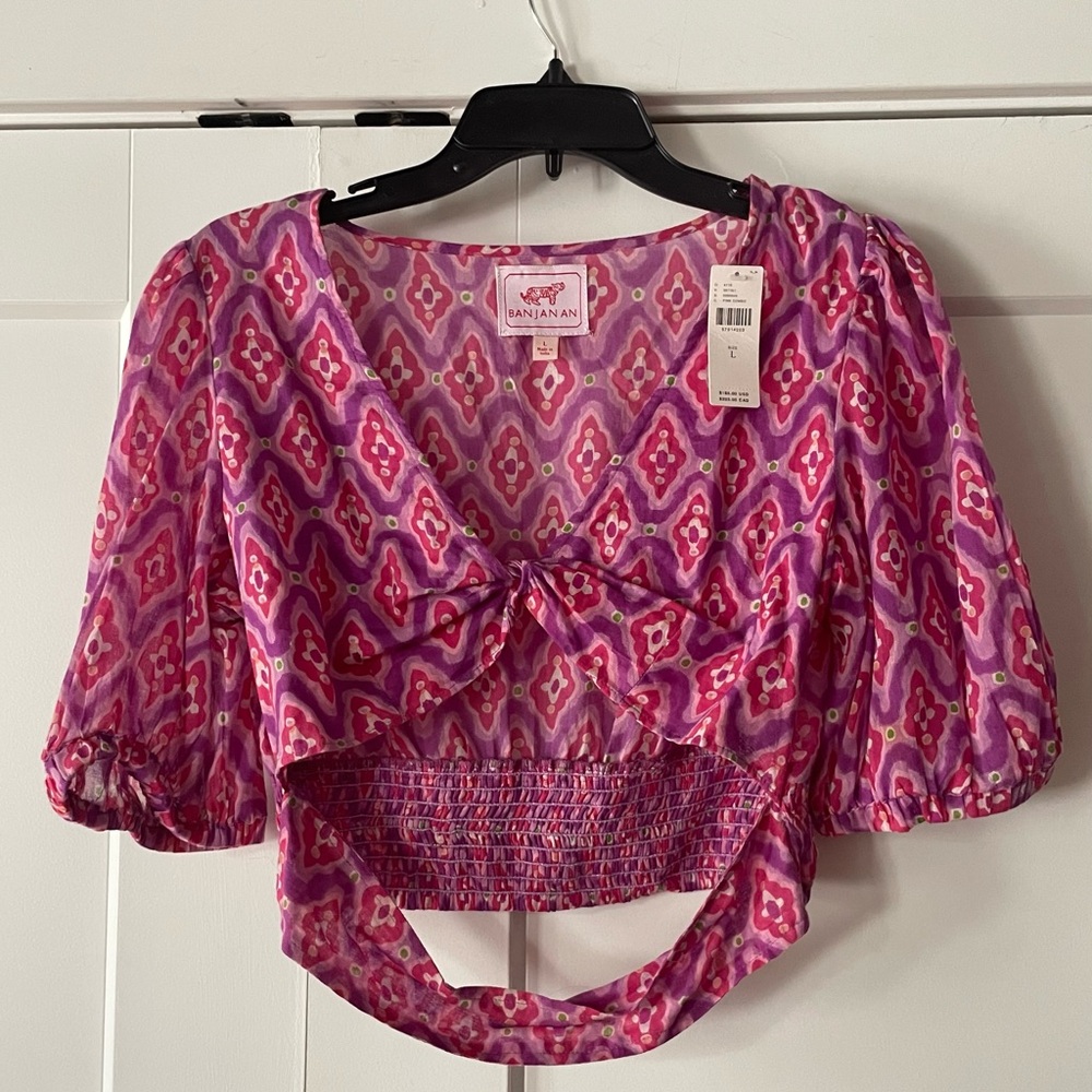 Banjanan Pink & Purple Ikat Print Puff Sleeve Cutout Top – NWT – Size L 💜🍇
